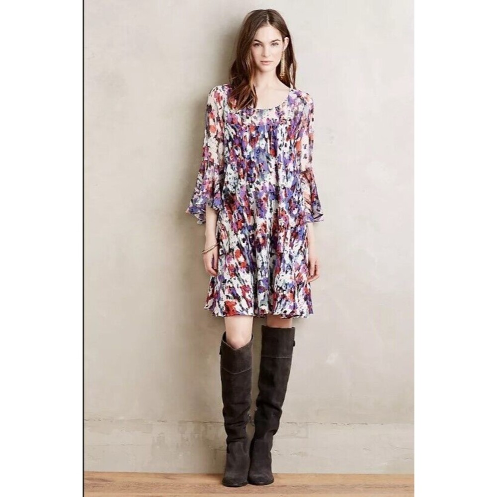 Anthropologie Paper Crown Endora Swing Dress M Fluttered Sleeve Abstract Lined